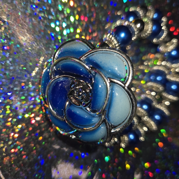 Fashion Jewelry I Rose Double Bracelet I Faux Blue Pearl I Expandable - Picture 6 of 6